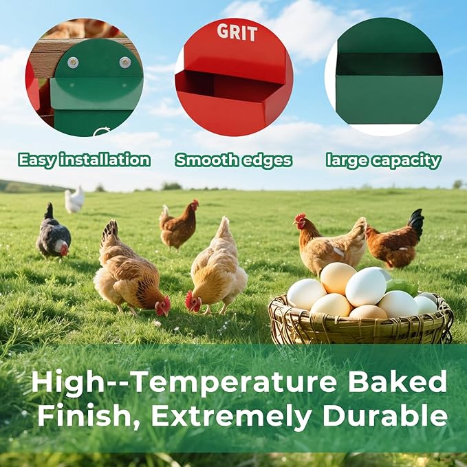 2 Pack No Waste Chicken Grit & Oyster Shell Feeder, Metal Gravity Poultry Dispenser with Rainproof Lids & Drain Holes, Wall Mounted Dual Compartment Mineral Holder, Rustproof