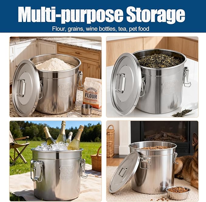 5.55Gal/21L Stainless Steel Airtight Canister, 304 Stainless Steel Food Storage Container, 710.4oz Large Metal Bucket with Lid and Lock Clips for Coffee Beans, Flour, Tea, Sugar, Cereals