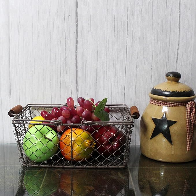 CVHOMEDECO. Primitive Chicken Wire Gathering Baskets with Wood Handle Rectangular Farmhouse Storage Baskets Set, Rusty, Set of 3
