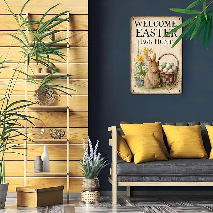 Easter Bunny Vintage Tin Sign Welcome To Our Egg Hunt Metal Sign Suitable For Gardens, Homes, Apartment Walls 8X12Inch