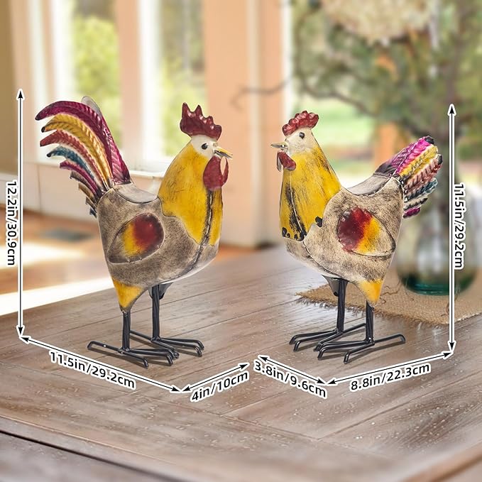 MODE HOME Set of 2 Rustic Metal Rooster & Hen Figurines, Hand-Painted Farmhouse Chicken Decor, Waterproof Indoor Outdoor Yard Garden Statues for Kitchen, Patio & Home Decor