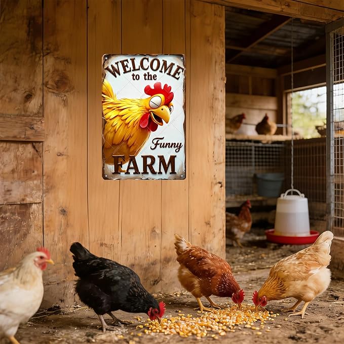 Funny Sign Rooster Decor Welcome To The Funny Farm Rustic Tin Sign for Home Farm Chicken Coop Decor 16x12 Inch