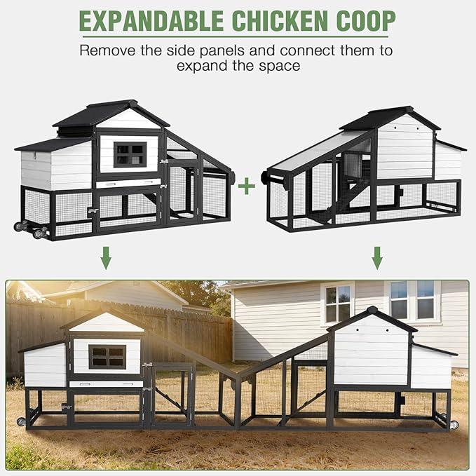 Chicken Coop with Run Large Hen House on Wheels Chicken House Poultry Cage with Nesting Box, Leakproof Pull-Out Tray, Waterproof Roof for 3-5 Chickens (Black, 72.3" L x 26" W x 39.4" H)