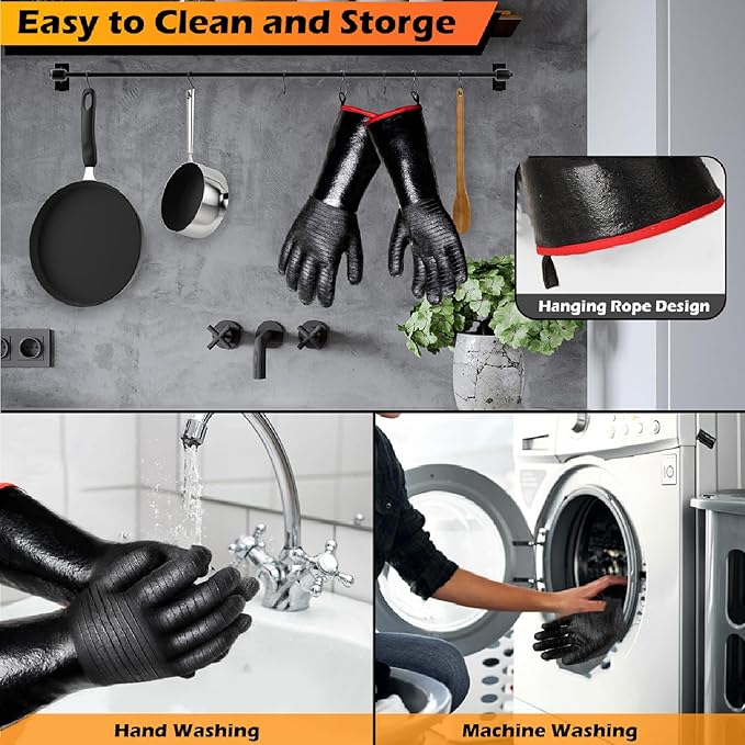BBQ Gloves - 1472°F Thicken Heat Resistant Gloves w/S-Hook 14 in Kitchen Oven Mitts Waterproof Grill Gloves Oil Resistant Grilling Gloves Cooking Gloves for Turkey Fryer/Baking/Oven/Smoker