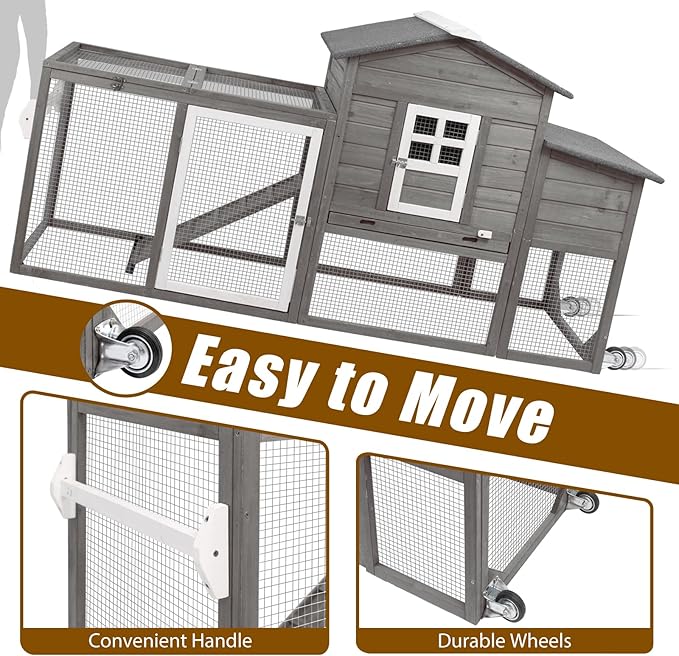 Chicken Coop Solid Wood with Large Run Cage 2 Stories - Asphalt Roof, Nest Box, Pu Wheels, Expandable Solid Wood Cage