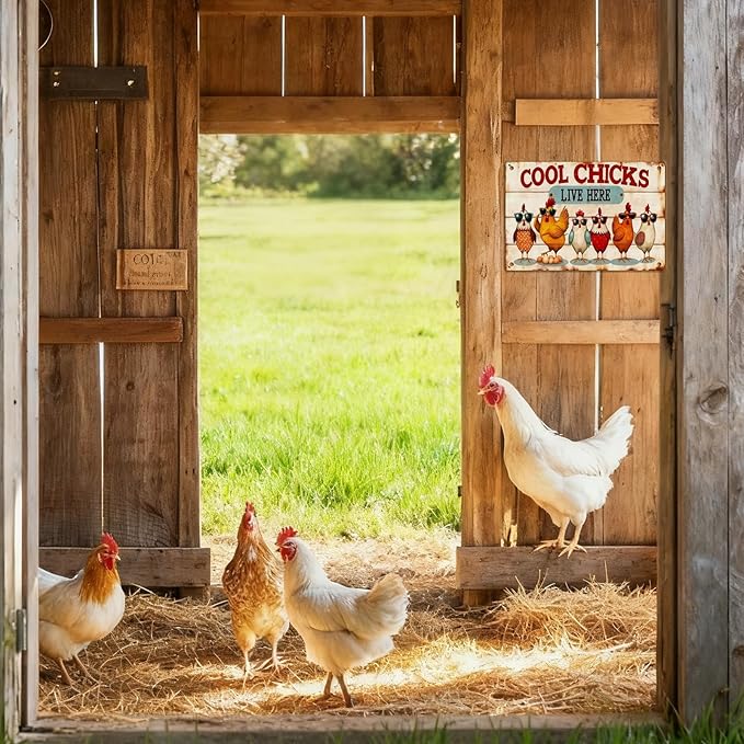 Chicken Metal Decor Sign Vintage Metal Tin Sign Wall Art Decor Cool Chicks Live Here Chicken Coop Signs Accessories for Outdoor Decorations Gifts for Women and Hen Lovers 8 X 12 Inch