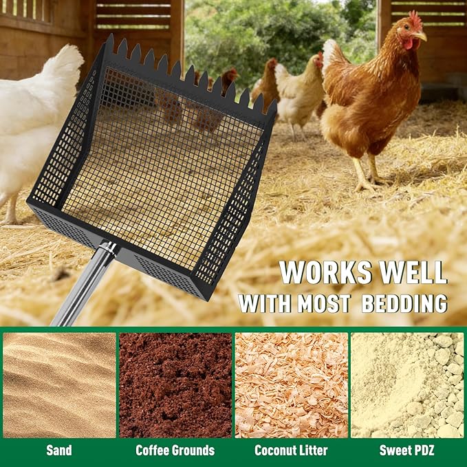 TOOGE Upgraded Chicken Poop Scooper: 10" Metal Pooper Scooper & Rake 4-Section 62" Long Handle Chicken Coop Scoop Scoopers Accessories Large Sand Sifting Litter Shovel for Goats/Yard/Farm/Beach Black