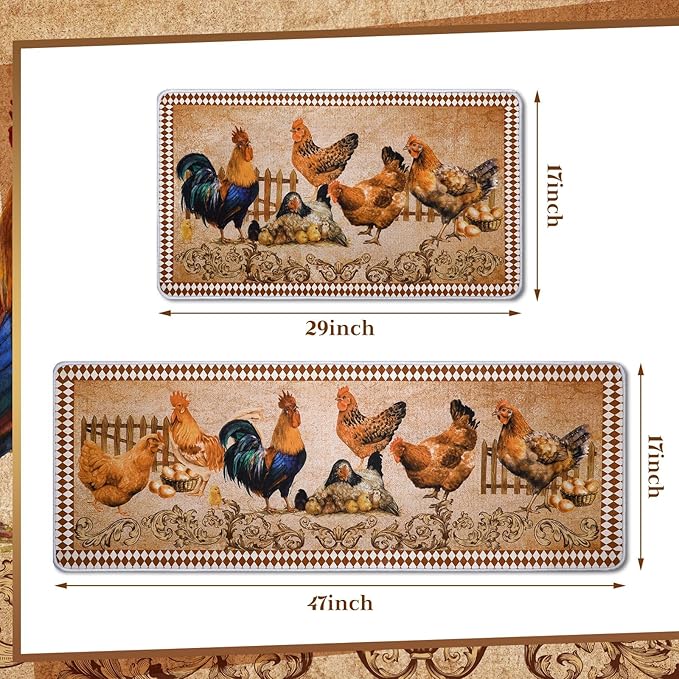 Bencailor 2 Pcs Winter Rooster Decor Kitchen Rug and Mat Rooster Kitchen Rugs Set Farmhouse Mat Decoration Chicken Non Slip Washable Doormat 17 x 30 Inch, 17 x 47 Inch
