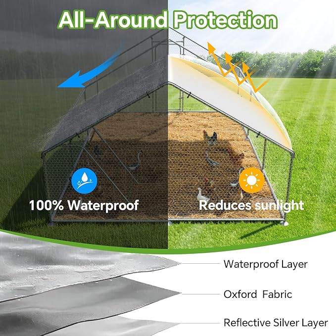 Large Metal Chicken Coop Run with Roosting Perch, Outdoor Waterproof & UV-Resistant Cover for Chickens, Ducks, Rabbits, and Hens in Yard or Farm Use Spire Roof (13.1'Wx19.7'Lx 6.5'H)