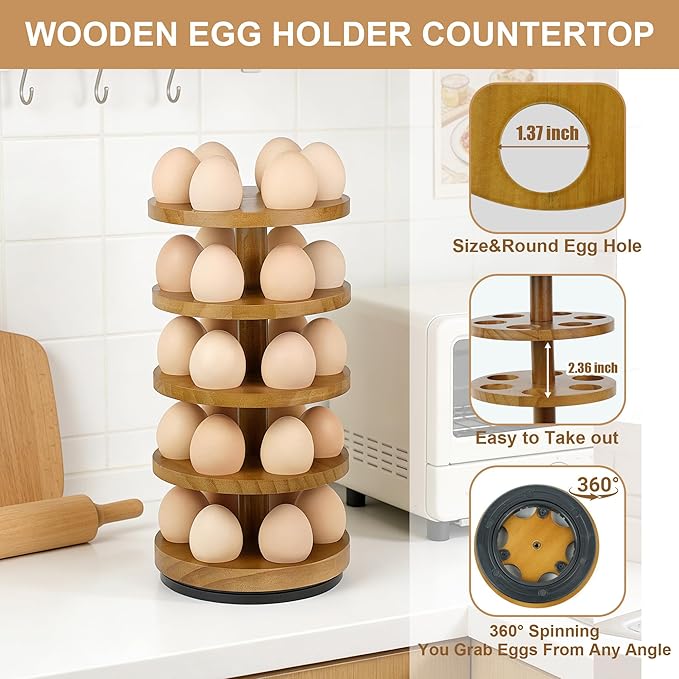 Wooden Fresh Egg Holder Countertop, 5 Layer Rotating Countertop Egg Holder for Fresh Eggs, Stackable with 30 Eggs for Countertop Kitchen-Browm