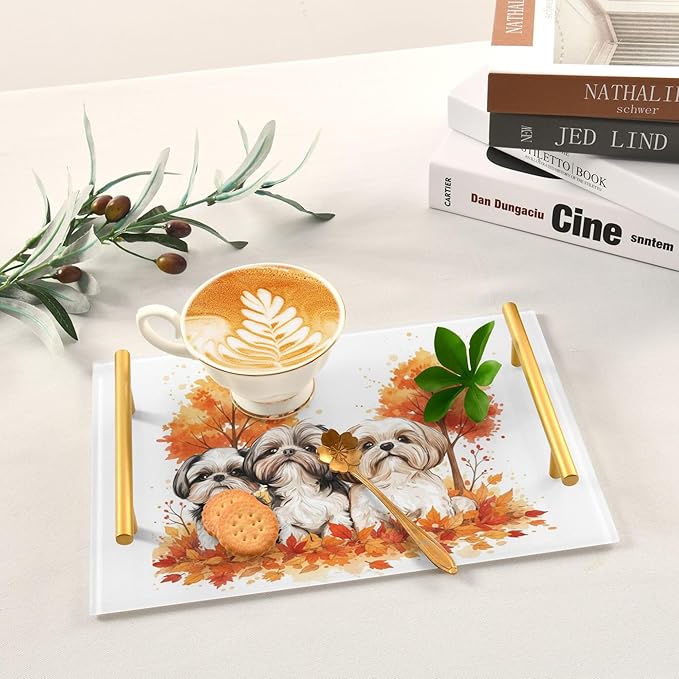 Bathroom Vanity Tray Counter Organizer, Cute Dogs with Fall Leaves Decorative Tray with Handles Countertop Storage for Bathroom Bedroom Kitchen Home Farmhouse