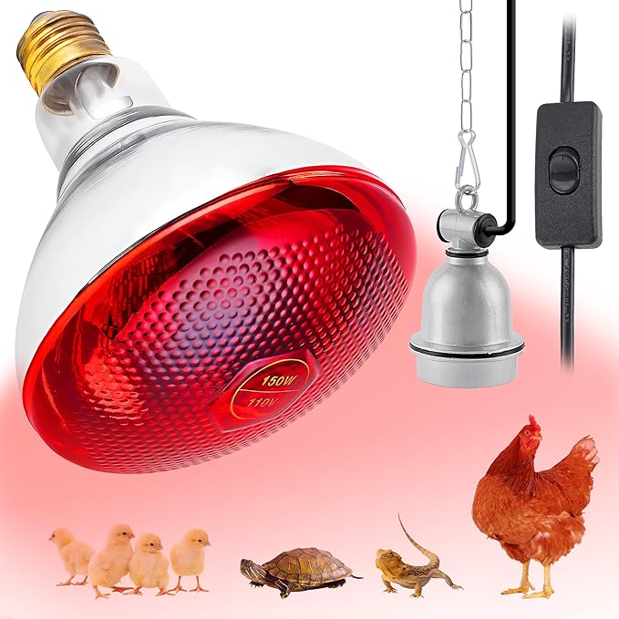 Heat Lamp Bulb for Chickens, Red Heat Lamp Infrared Light Bulb with Power Cord Hanging Chain for Chicks