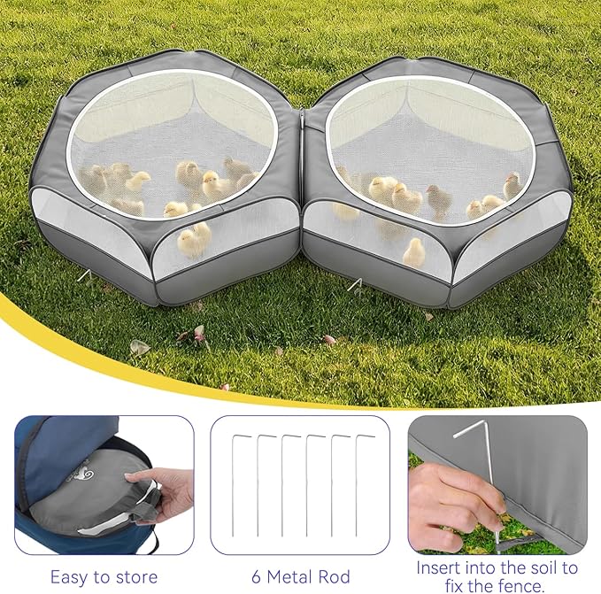 Pawaboo Extra Large 2-in-1 Small Animals Playpen, 2 Detachable Pet Cage Tent with Zipper Splicing, Portable Outdoor Yard Fence with 3 Metal Rod for Chick/Kitten/Puppy/Guinea Pig/Rabbits, Gray