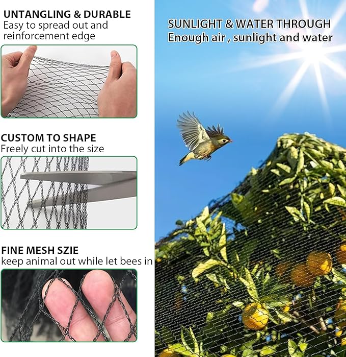 20' x 40' Bird Netting for Garden Heavy Duty 3/8" Mesh Anti Bird Net for Chicken Run,Vegetables,Koi Pond,Fruit Trees & Other Plants,Lasting Against Birds Deer Squirrels and Poultry, Black