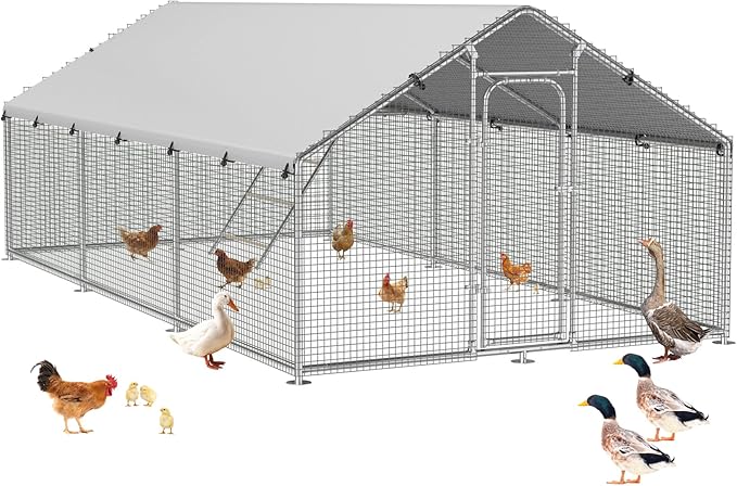 Large Metal Chicken Coop Run with Roosting Perch, Outdoor Poultry Cage with Waterproof & UV-Resistant Cover for Chickens, Ducks, Rabbits in Yard or Farm Use, Spire Roof (8.9'W x17.7'L x 6.6'H)