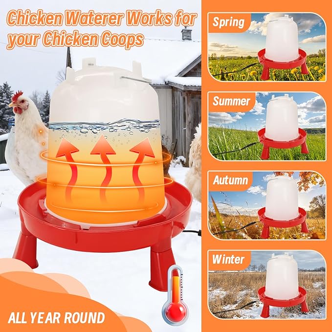 Heated Chicken Waterer 6L Thermostatically Controlled Poultry Water Heater with Overheating Protection, Galvanized Steel Handle Automatic Heated Poultry Drinker for Coop Chickens, Ducks, Geese (Red)