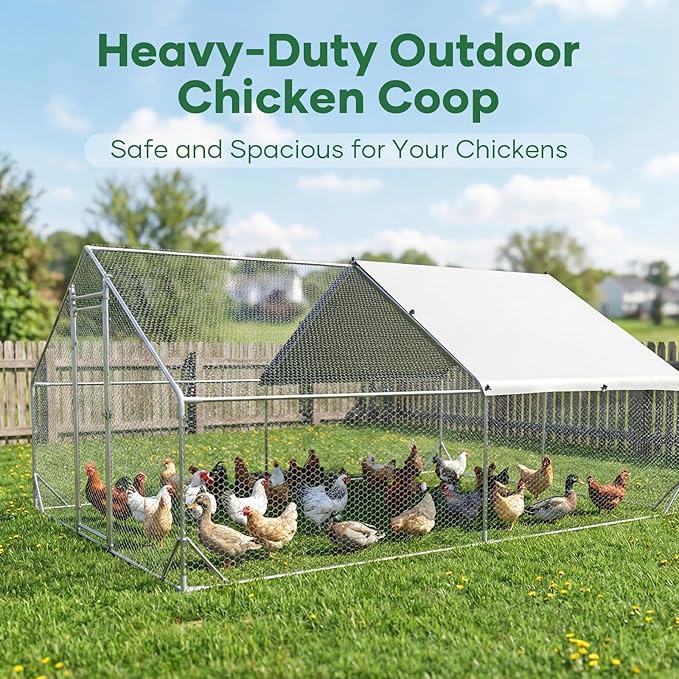 Large Chicken Coop Metal Chicken Runs for Yard 20x10x6.5 ft Chicken Coop with Cover Gallinero para Gallinas Heavy Duty Chicken Cage Rabbit Duck Quail Coop Lockable Door with Waterproof Anti-UV Cover