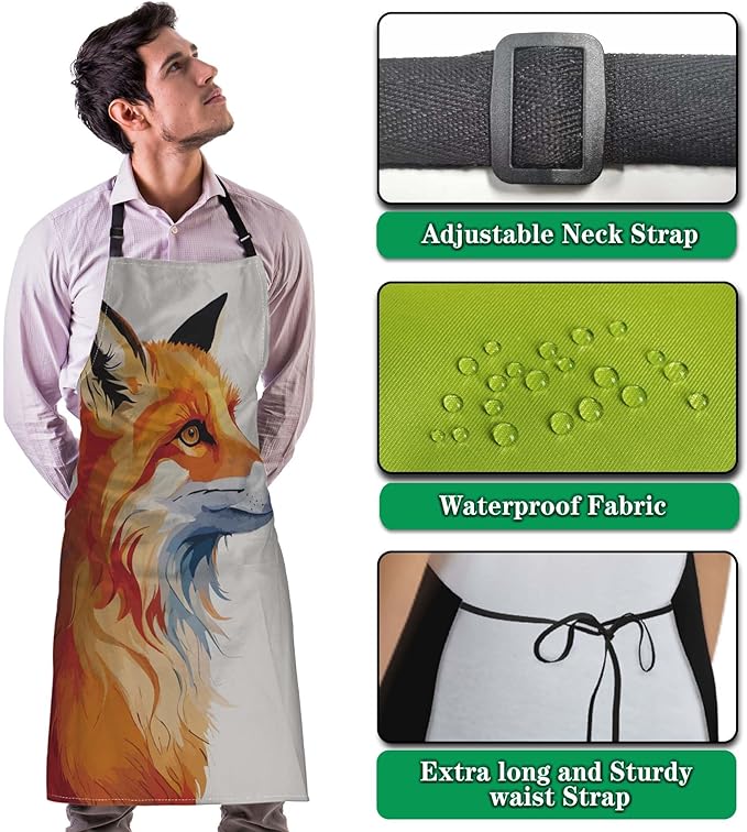 Chef Apron for Women Watercolor Fox Art Fun Aprons for Men for Kitchen Cooking Restaurant BBQ Painting Crafting 27” (W) x 31” (H), Waterproof Aprons