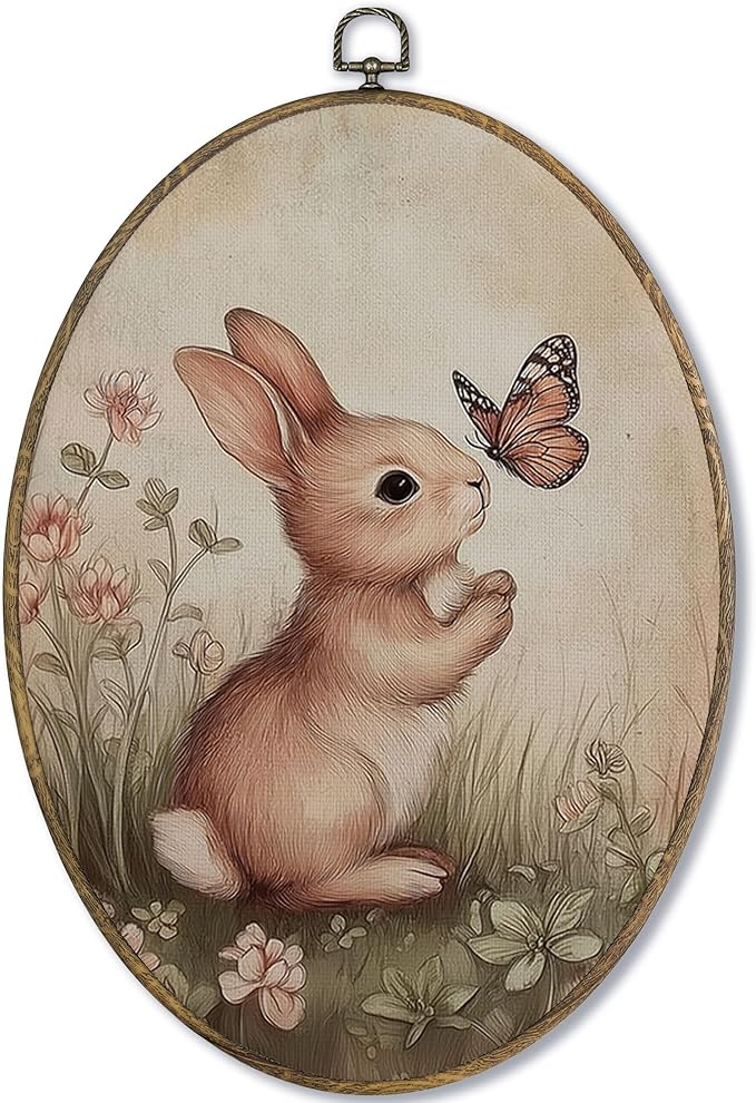 Fewgb Vintage Bunny Oval Wall Art Decor Framed for Rabbit Lovers Gifts, Easter Bunny Canvas Wall Art Prints Picture, Cottagecore Country Hanging Room Decor Artwork for Nursery Gallery Bedroom 9x12