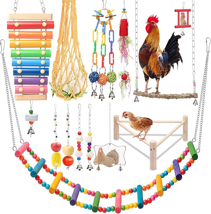 14PCS Chicken Toys for Coop Accessories - Longer Chain Chicken Swing, Chicken Toy for Hens in Coop, Chicken Perch Mirror Toy with Bells, Add Fun Toys for Chickens