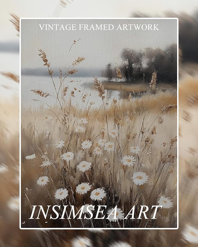 InSimSea Framed Canvas Wall Art for Living Room Fall Landscape Wall Decor Meadow with Flowers Vintage Paintings Classical Wildflower Field Scene Boho Floral Pictures Decor for Bathroom Bedroom 8x10in