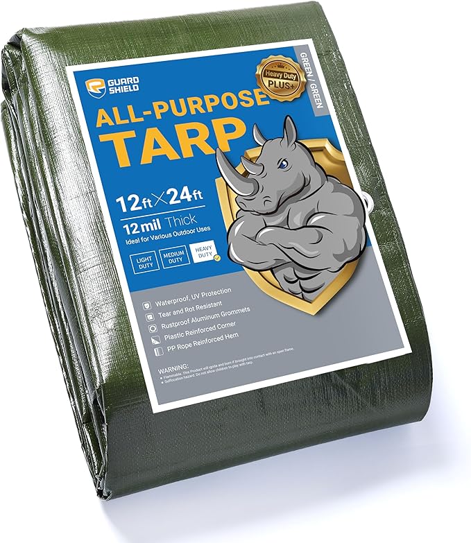 GUARD SHIELD Green Tarps Heavy Duty Plus+ Waterproof 12x24 Feet, 12mil Large Tarp with Reinforced Grommets, Outdoor Cover for Roof, Car, Boat, Truck and Ground Pool