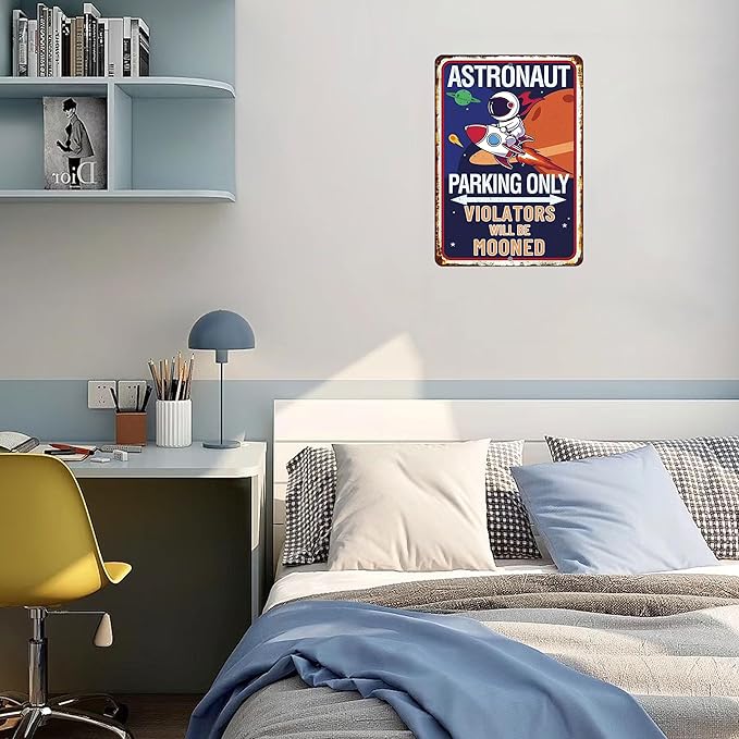 Astronaut Parking Only-Tin Signs Vintage Space Bedroom Decor for Boys,Funny Space Themed Decor Sign Space Themed Gifts for Boys,Space Them Bedroom Decor 8x12 Inches