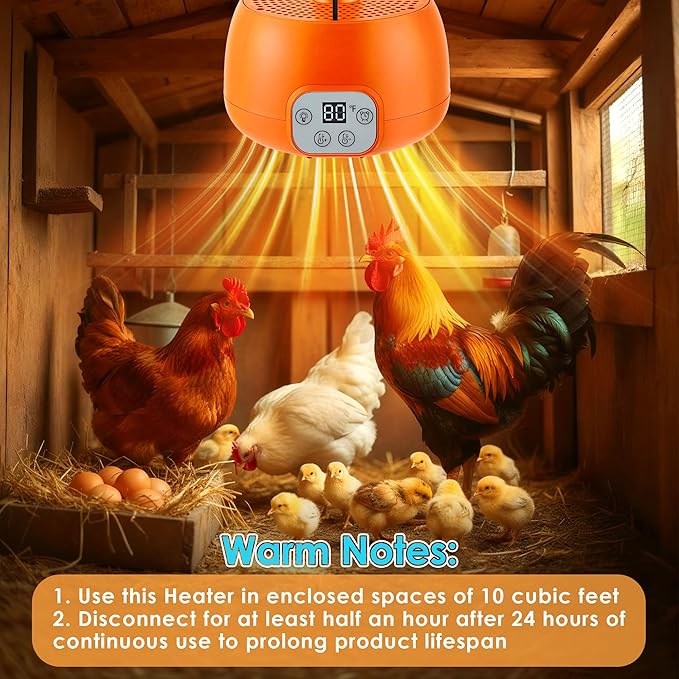 Enhon Chicken Coop Heater, Timing Heat Lamp for Chickens, Smart Temperature Control Chicken Brooder Heater, 5 Ft Long Cable Heating Lamp for Duck Dog Cats, No Remote