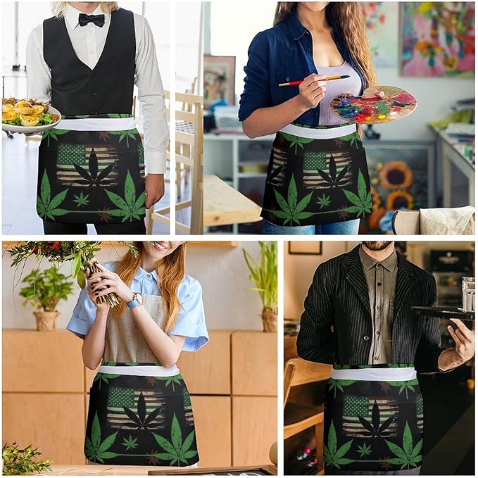 Unisex Chef Waiter Apron Waist Half Short Serving Aprons with 3 Pockets