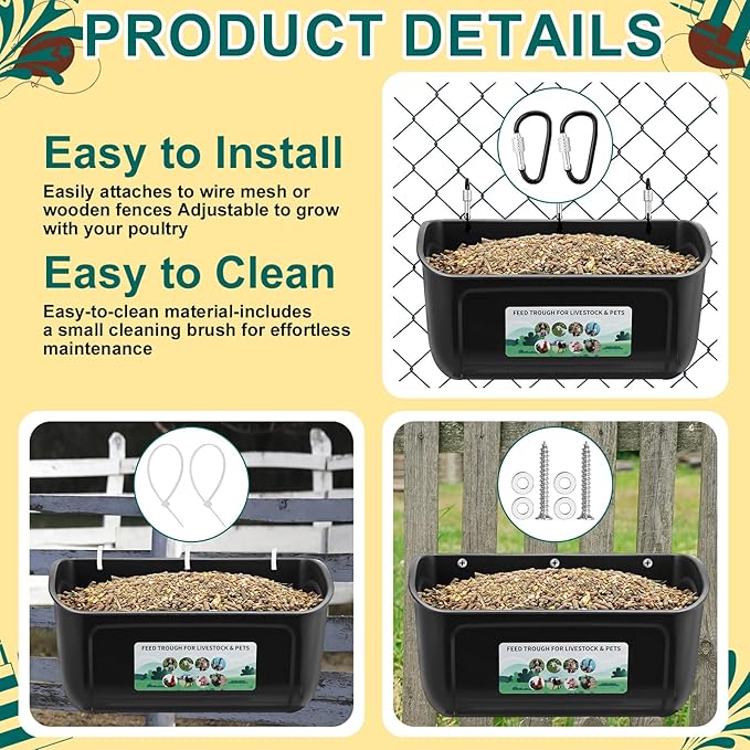 6 Pack Chicken Duck Feeder Waterer Hanging Goat Feeder Trough 2.5 and 5 Quart Livestock Feeding Trough with Scoop & Brush for Pig, Poultry, Fence Feeding, 25 Quart Total (Black)