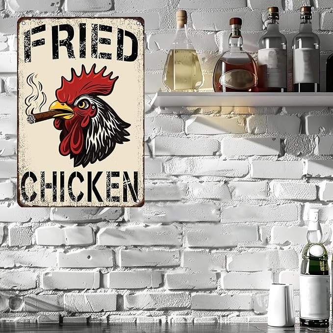 Fried Chicken Metal Signs Farm Chicken Cock Hen Tin Sign Rooster Wall Decor Bar Pub Home Garage Restaurant Garden Yard Decor12x8 Inch