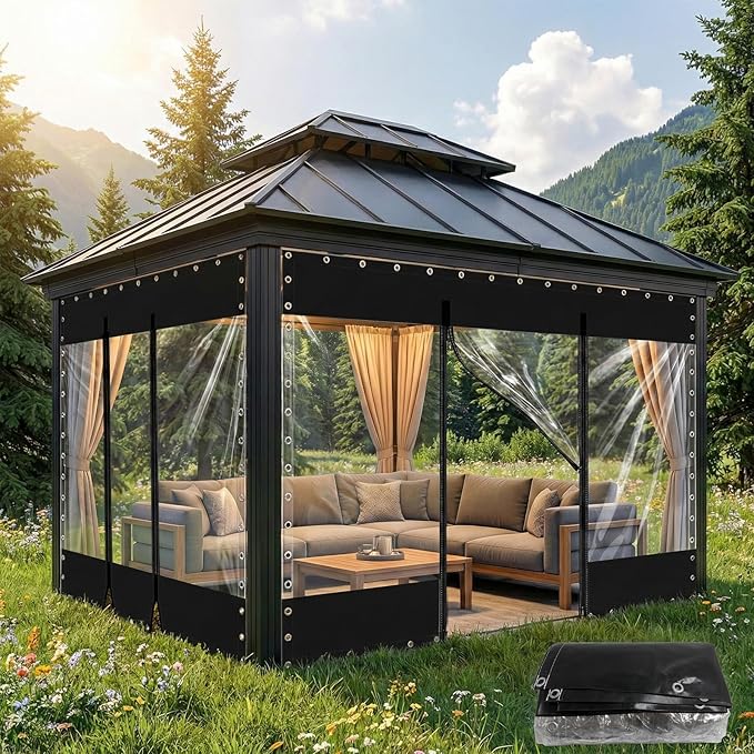 21.16oz Clear Tarps Heavy Duty Waterproof with Zipper 7(H) x10(W) ft, 19.69 MIL Patio Enclosures for Winter with Rustproof Grommets Patio Enclosure Tear-Resistant Tarpaulin for Pergola Porch, Black