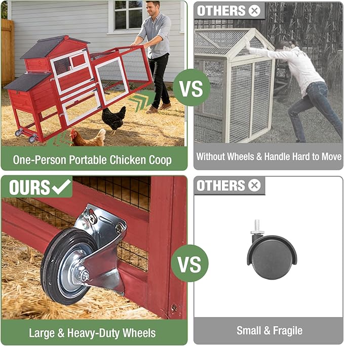 Chicken Coop for Outdoor - Poultry Cage with Wheels, Nesting Box, Leakproof Pull-on Tray, and Asphalt Waterproof Roof - Red