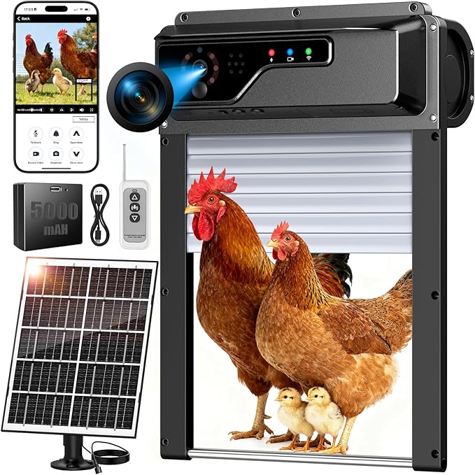 Smart Automatic Coop Door with Camera, WiFi App Control & Timer, Solar Chicken Door Opener, 1080P Night Vision, Anti-Pinch Safety, Real-Time Alerts, Roll-Up Chicken Coop Automatic Door Fits All Coops
