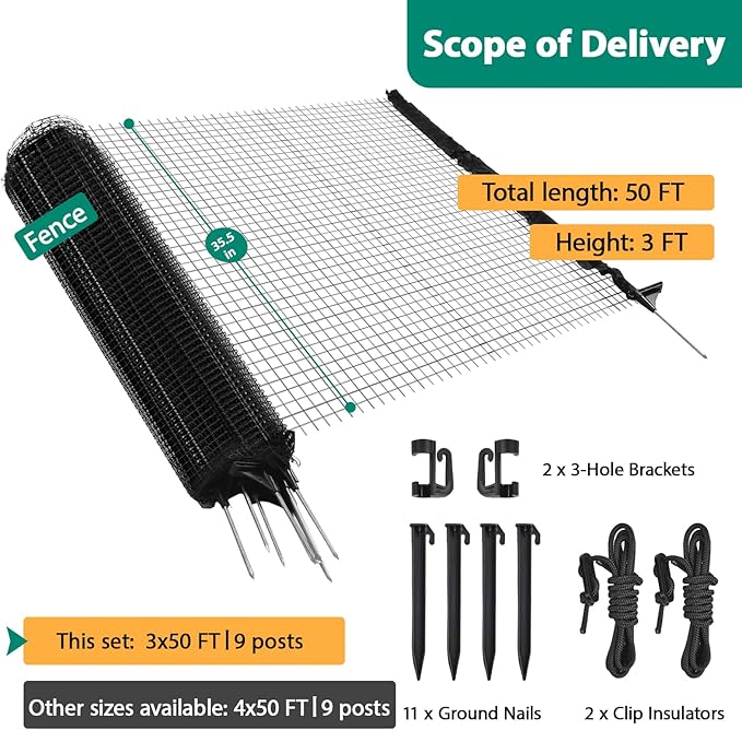 HIDALIFE Temporary Fence with Posts,Safety Barrier for Dog Snow Plastic Mesh Fencing with Fiberglass Stake Windbreak Rope,Movable Fencing Roll for Garden Backyard Outdoor Animal Protect (3'×50' black)