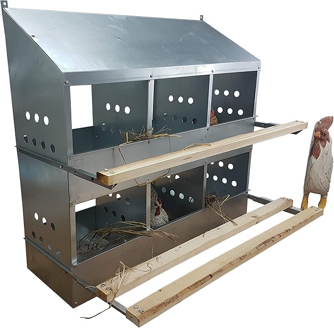 6 Hole Heavy Duty 23ga Galvanized Chicken Nesting Laying Roost Box Made in USA | High Front and Back Panels | Easy to Remove and Clean | Heavy Duty perches hinged Upward | Rust Resistant 0300112