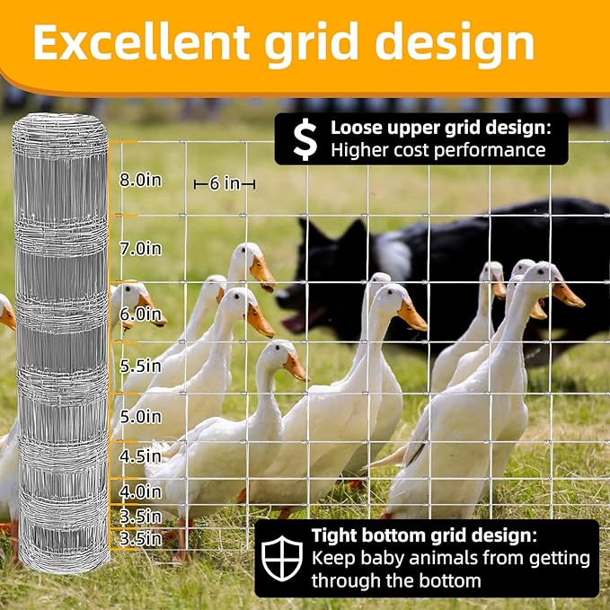 3ft x 104ft Galvanized Farm Fence, Fixed Knot Woven Wire Fence 16Ga, for Sheep Dog Panel Plant Garden Flower Bed and Field Protection