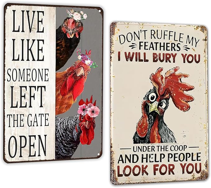 2 Pack Chicken Gifts Vintage Funny Chicken Tin Sign Metal for Home Farm Chicken Coop Outdoor Garden 8 x 12 Inches