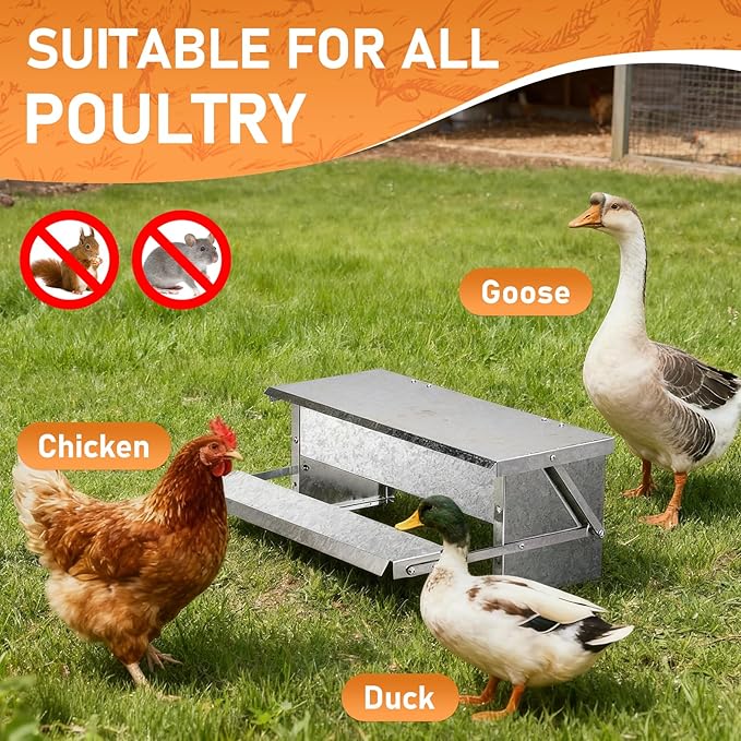 Outvita Automatic Treadle Chicken Feeder, 15 Lbs No Waste No Spill Rodent Proof Metal Chicken Feeder with Weatherproof Lid, Chicken Supplies for Your Chickens Duck Bantams Pheasants Poultry Coop