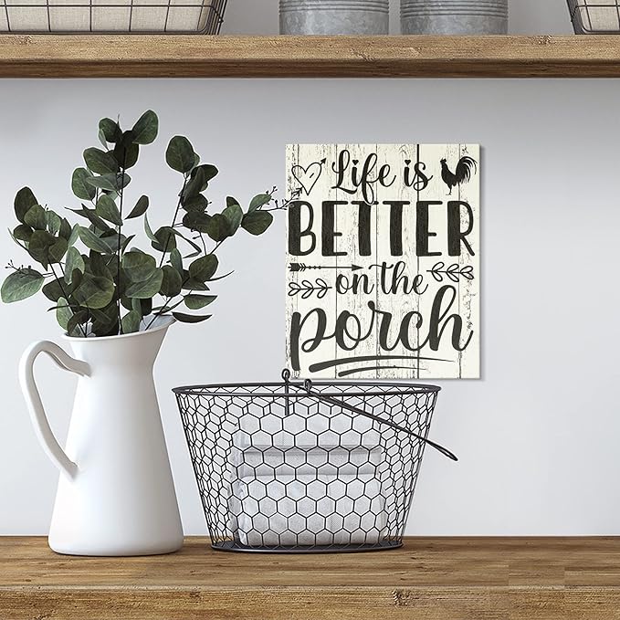 JennyGems Life is Better on the Porch Wooden Sign, Farm Life Decor and Wall Hanging, Whitewash Color, Made in USA