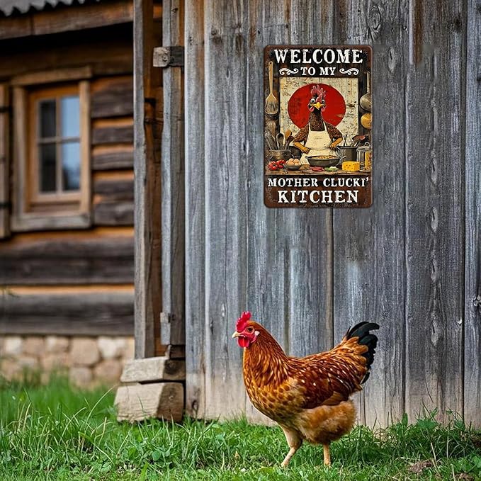 Funny Chicken Signs Welcome To My Kitchen Humorous Cartoon Rooster Cooking Aluminium Sign Metal Chicken Signs Decor Home Ktichen Farm Are Wall 12x8 Inch Vintage Chicken Signs Metal Tin Poster
