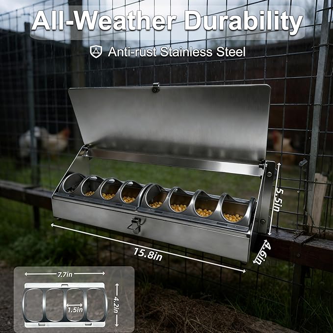 Hanging Chicken Feeder Metal Poultry Feed Trough Chicken Coop Fence Feeder with Rain Cover for Pigeon Turkey Geese Quails Ducks Bantams and Bird