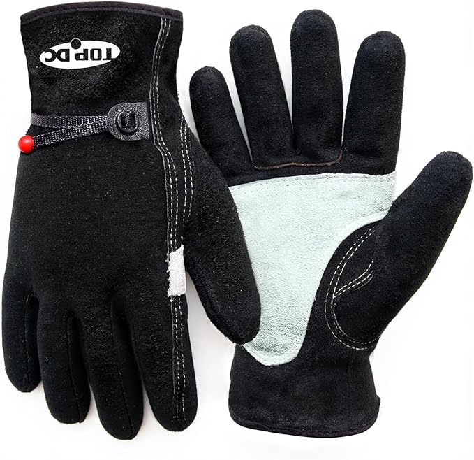 TOPDC Leather Work Gloves for Men or Women, Cowhide Leather Gloves for Gardening, Tig/Mig Welding, Chainsaw, Farm, Ranch, Reinforced Palm, Adjustable Cuff, Cotton Lining, Firm Grip & Durable, S