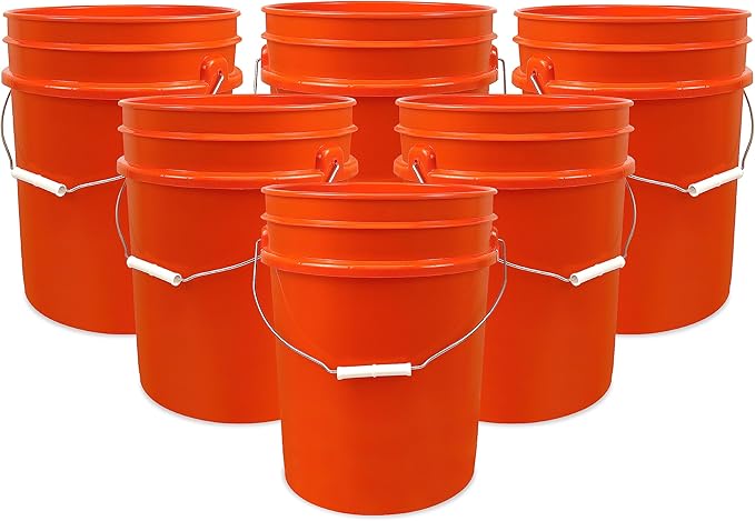 5 Gallon Bucket Only | Made in USA | Food Grade | Durable 90 Mil All Purpose Pail | BPA Free | Premium HPDE | Easy Stack and Store | Lids Not Included (Orange, 6)