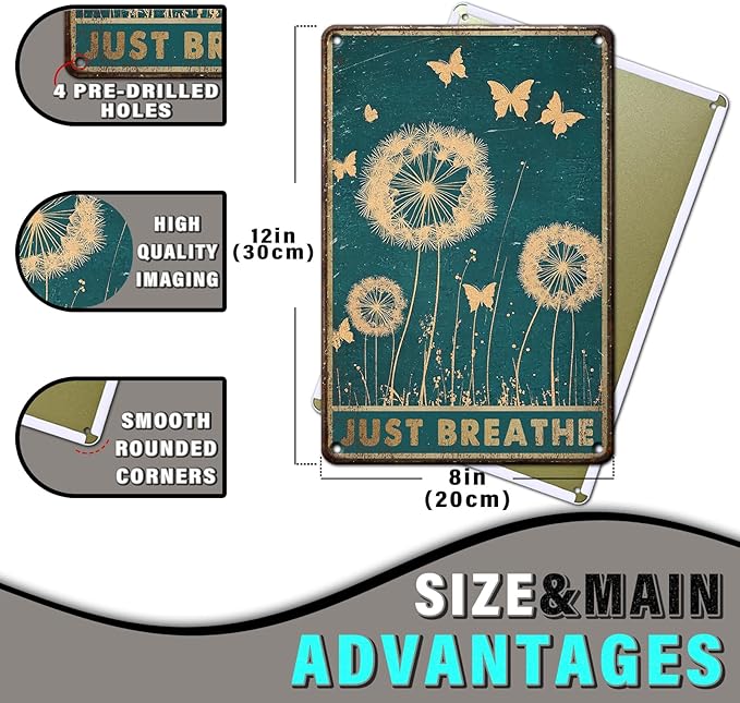 PEACHGARDEN Dandelion Vintage Metal Sign Butterflies Wall Decor Just Breathe Tin Sign for Home Office Living Room Bar Coffee 8x12inch