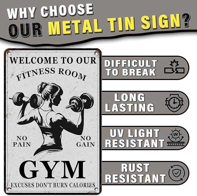 PEACHGARDEN Girl Gym Metal Tin Sign Welcome to Our Fitness Room Wall Art for Home Gym Weight Lifting Decor & Man Cave Workout Poster Motivational Wall Decor 8x12inch