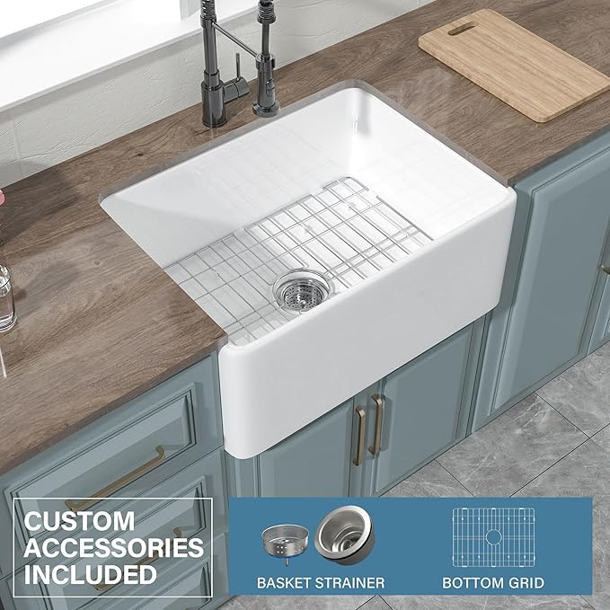 Small Farmhouse Sink 24 x 18 Inch, Firecaly Apron Front Farm Sink, Heavy Duty Single Bowl, with Accessories 2 Types, Undermount, Pure White, for Kitchen, Laundry, Small Space
