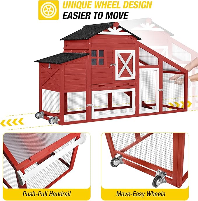 Aivituvin Chicken Coop Mobile Chicken House on Wheels, Rabbit Hutch Bunny Cage Expandable Wooden Poultry Cage with Large Nesting Box Leakproof Pull-Out Tray,UV-Resistant Roof (Red, AIR32)