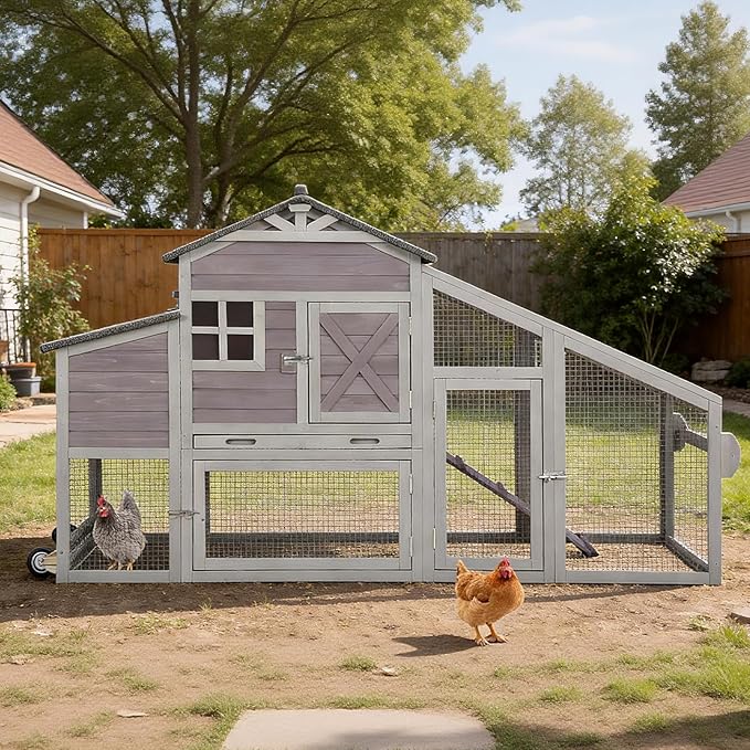 Large Chicken Coop with Run and Wheels, Wooden Hen House with Nesting Box and Waterproof Roof, Poultry Cage with Leakproof Tray, Rabbit Hutch, Bunny Cage Outdoor, Chicken Tractor for 4 Chickens (Grey)