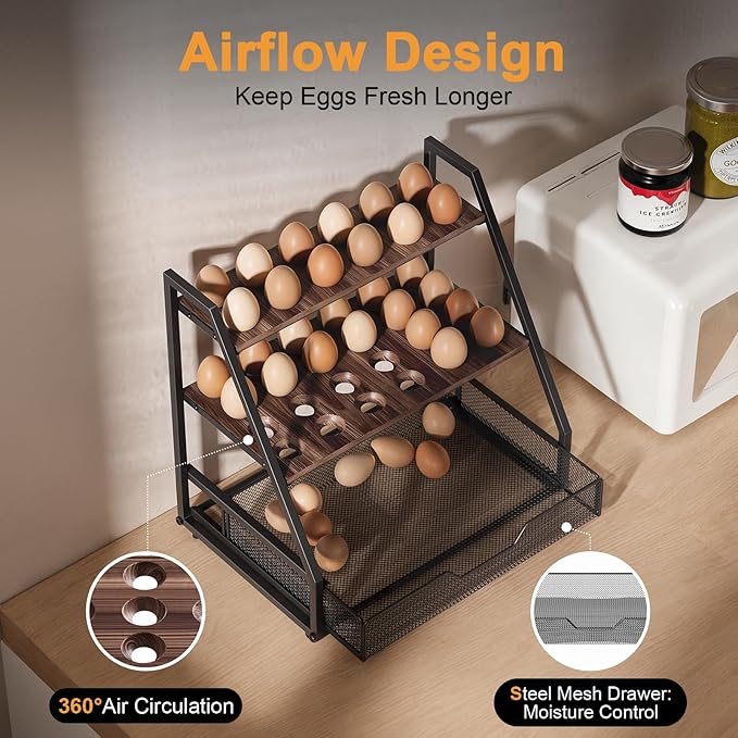 3-Tier Wooden Fresh Egg Holder Countertop With Basket for 36+90 Eggs, Wooden Egg Holder Countertop with Carry Handle for Gathering 150+ Eggs, Duck, and Quail Eggs